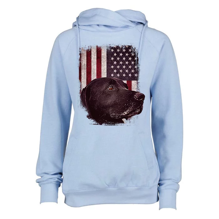 Realistic Patriotic Dog Portrait With USA Flag Backdrop Womens Funnel Neck Pullover Hood