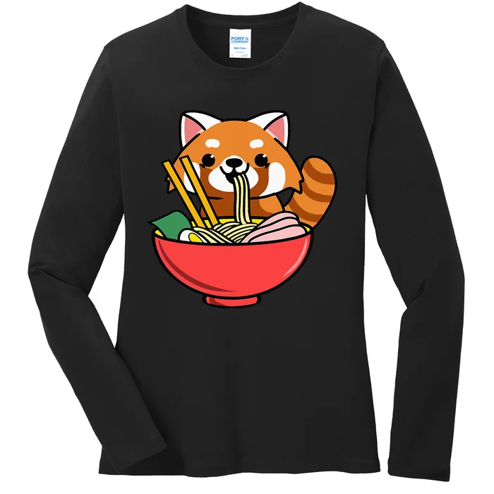 Red Panda Eating Ramen Ladies Long Sleeve Shirt