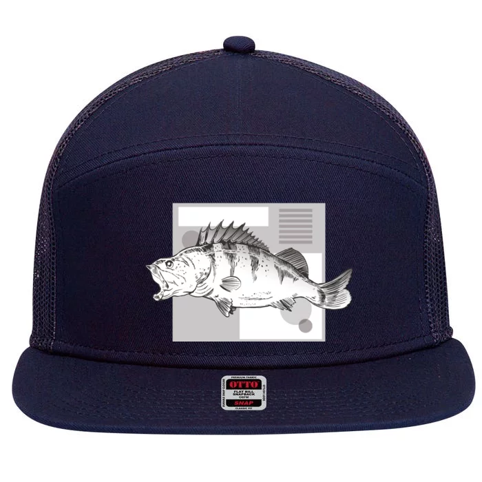 River Perch Fish Sketch 7 Panel Mesh Trucker Snapback Hat