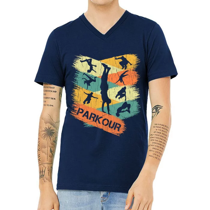 Retro Parkour For Boy Silhouette Vintage Free Running V-Neck T-Shirt