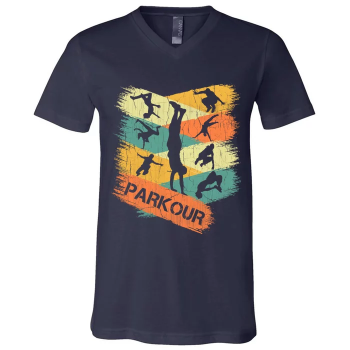 Retro Parkour For Boy Silhouette Vintage Free Running V-Neck T-Shirt