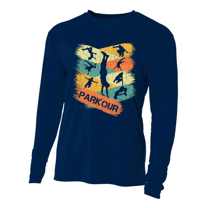 Retro Parkour For Boy Silhouette Vintage Free Running Cooling Performance Long Sleeve Crew