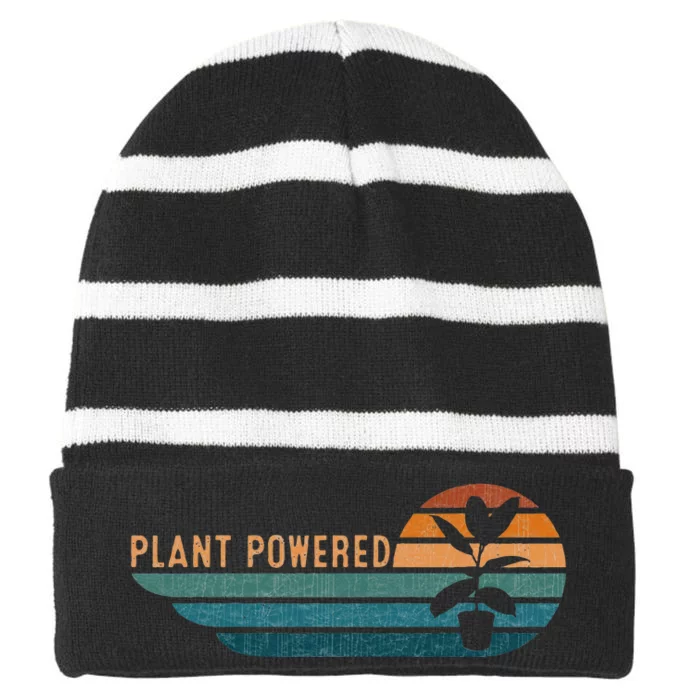 Retro Plants Graphic Vegetarian Vegan Plant Powered Striped Beanie with Solid Band