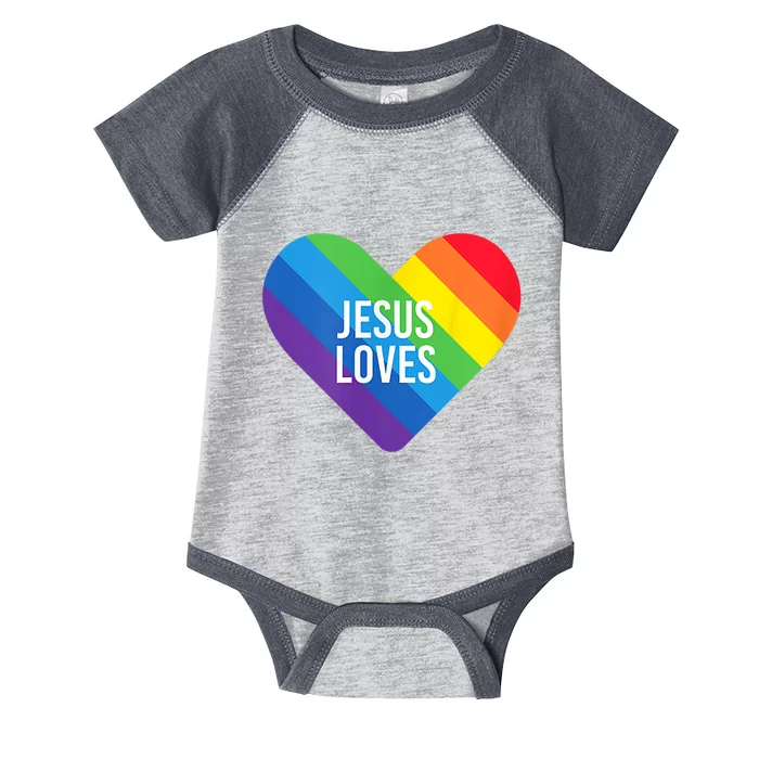 Rainbow Pride Gay Christian LGBTQ+ Jesus Loves Infant Baby Jersey Bodysuit