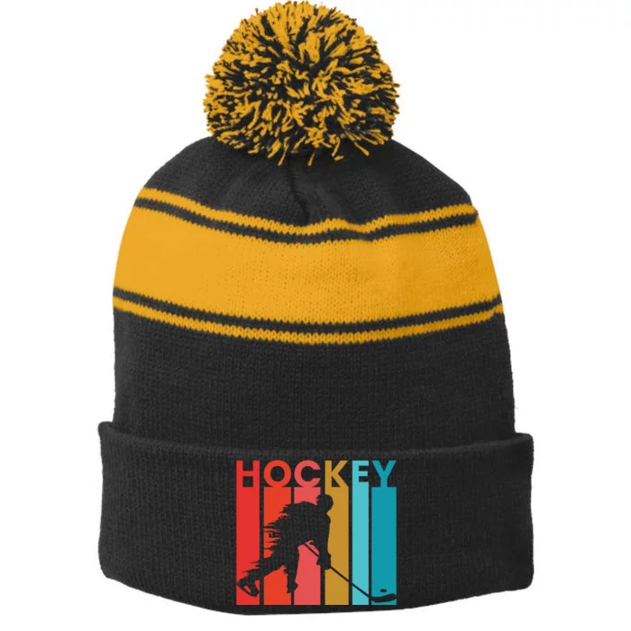 Retro Poster Hockey Lovers Stripe Pom Pom Beanie