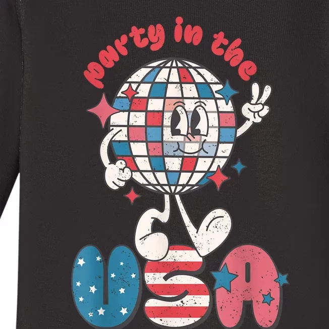 Retro Party In The USA 4th Of July Patriotic Disco Ball Baby Long Sleeve Bodysuit