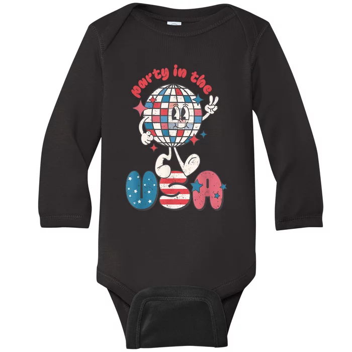 Retro Party In The USA 4th Of July Patriotic Disco Ball Baby Long Sleeve Bodysuit