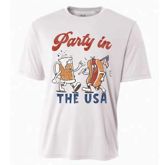 Retro Party In The Usa Beer Hot Dog Lover Funny 4th Of July Cooling Performance Crew T-Shirt