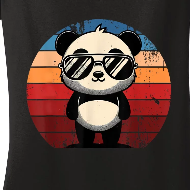 Retro Panda In Sunglasses Bbq Pool Party Funny Panda Women's V-Neck T-Shirt