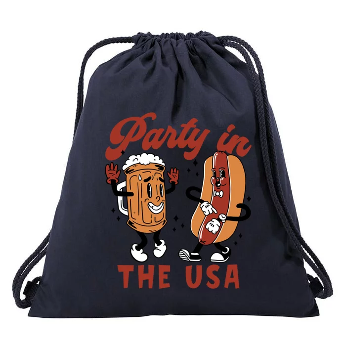 Retro Party In The Usa Beer Hot Dog Lover Funny 4th Of July Gift Drawstring Bag