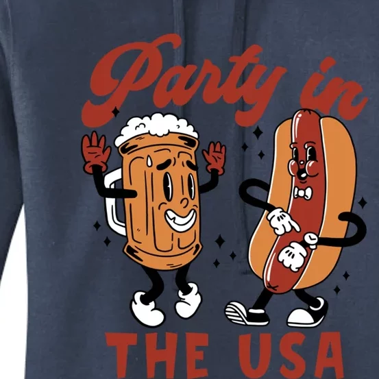 Retro Party In The Usa Beer Hot Dog Lover Funny 4th Of July Gift Women's Pullover Hoodie