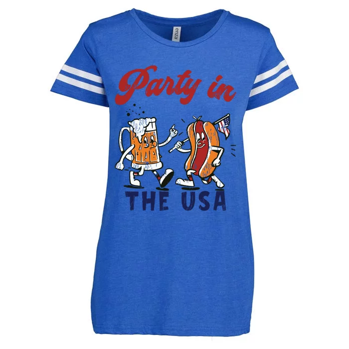 Retro Party In The Usa Beer Hot Dog Lover Funny 4th Of July Enza Ladies Jersey Football T-Shirt