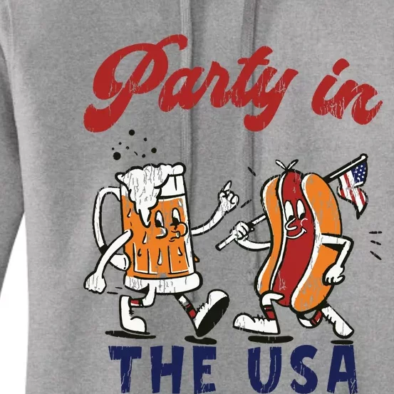 Retro Party In The Usa Beer Hot Dog Lover Funny 4th Of July Women's Pullover Hoodie