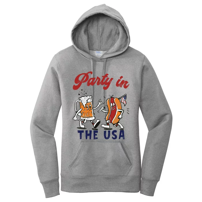 Retro Party In The Usa Beer Hot Dog Lover Funny 4th Of July Women's Pullover Hoodie