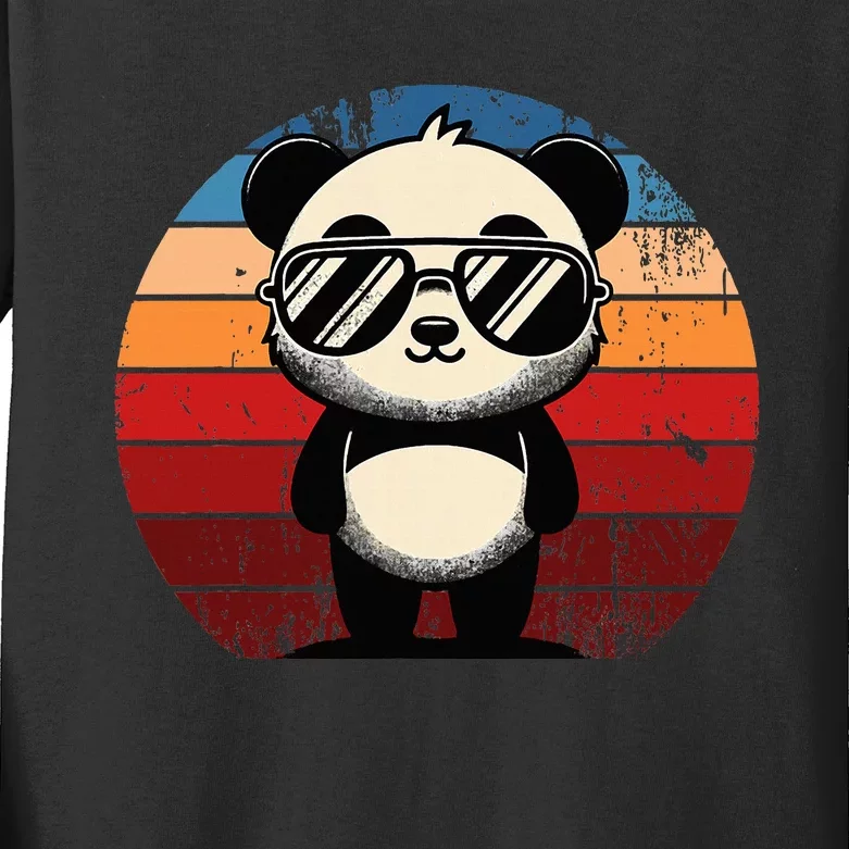 Retro Panda In Sunglasses Bbq Pool Party Funny Panda Kids Long Sleeve Shirt