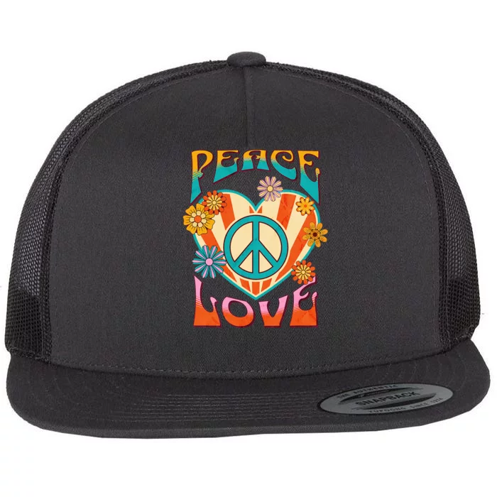 Retro Peace Love Peace Sign 60s 70s Hippie Flat Bill Trucker Hat