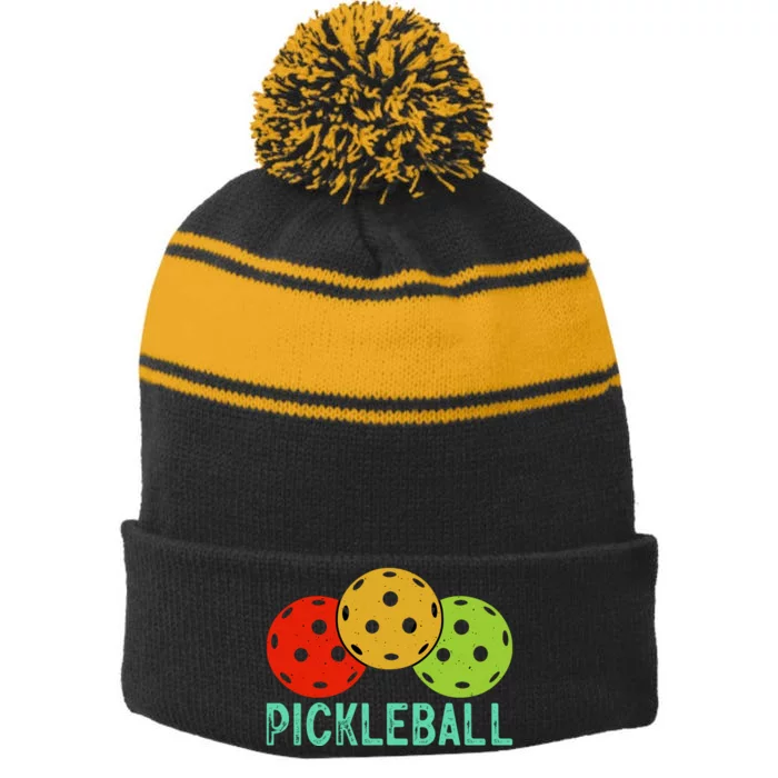 Retro Pickleball Logo Stripe Pom Pom Beanie