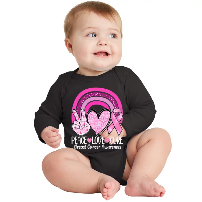 Rainbow Peace Love Cure Pink Ribbon Breast Cancer Awareness Baby Long Sleeve Bodysuit