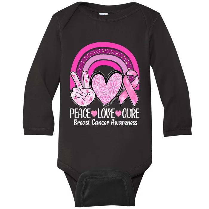 Rainbow Peace Love Cure Pink Ribbon Breast Cancer Awareness Baby Long Sleeve Bodysuit