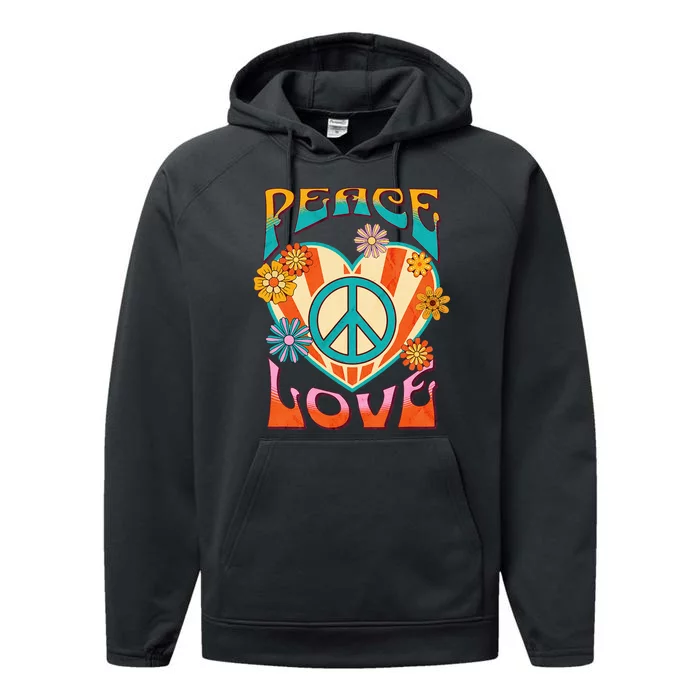 Retro Peace Love Peace Sign 60s 70s Hippie Style Performance Fleece Hoodie