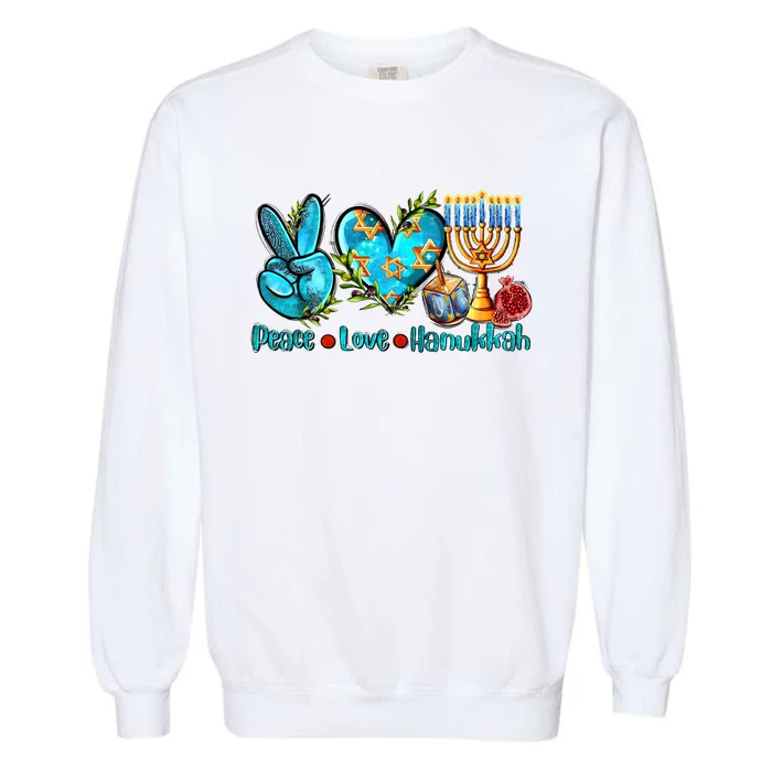 Retro Peace Love Hanukkah Jewish Garment-Dyed Sweatshirt