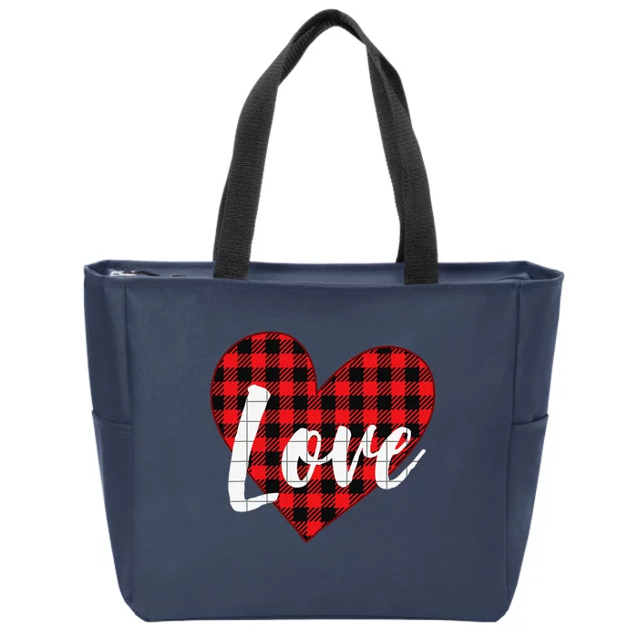 Red Plaid LOVE Heart Happy Valentine's Day Gifts Zip Tote Bag