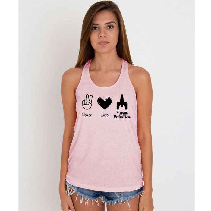 Retro Peace Love Harm Reduction Overdose Awareness Nurse Women's Knotted Racerback Tank