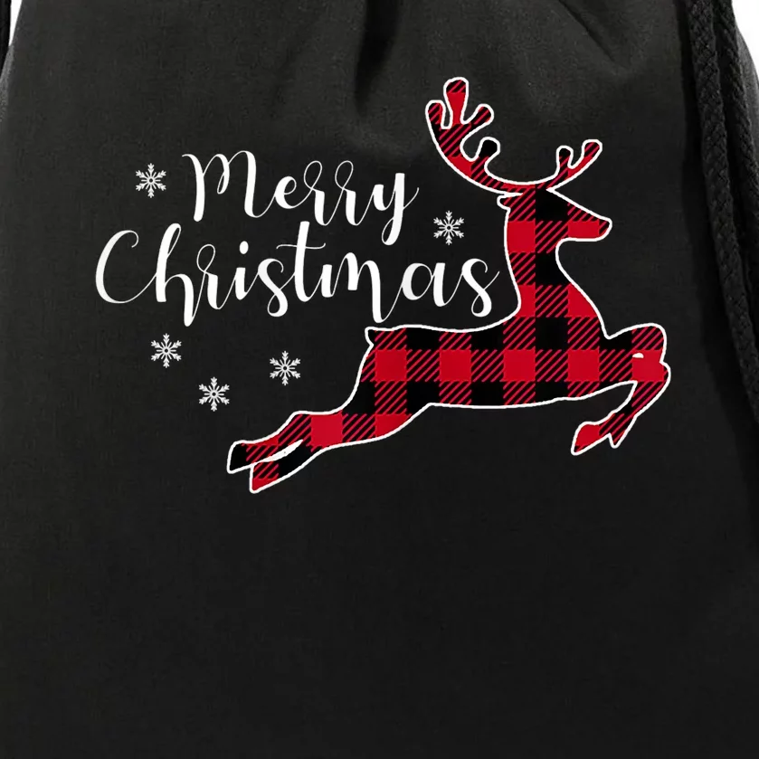 Red Plaid Merry Christmas Letter Reindeer Snowflake Buffalo Drawstring Bag