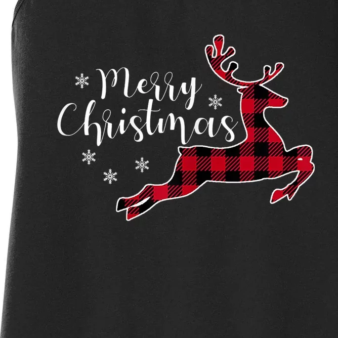 Red Plaid Merry Christmas Letter Reindeer Snowflake Buffalo Women's Racerback Tank