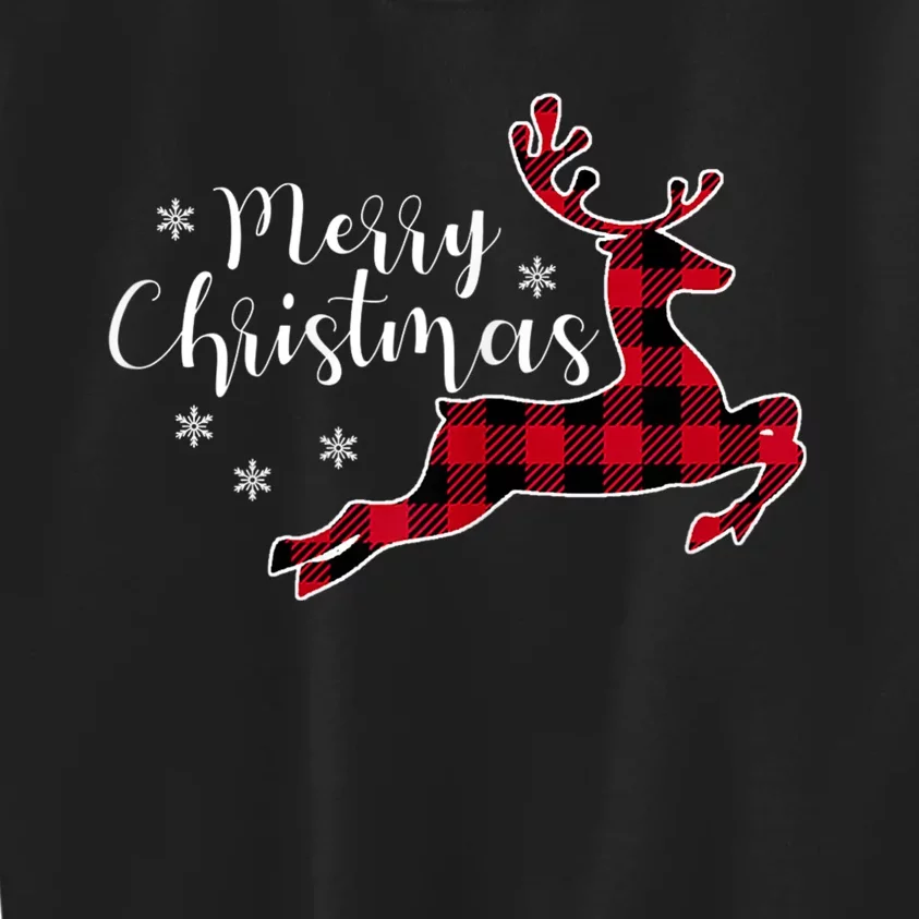 Red Plaid Merry Christmas Letter Reindeer Snowflake Buffalo Kids Sweatshirt