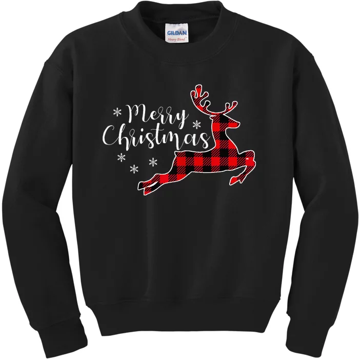 Red Plaid Merry Christmas Letter Reindeer Snowflake Buffalo Kids Sweatshirt