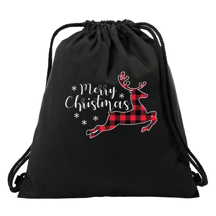 Red Plaid Merry Christmas Letter Reindeer Snowflake Buffalo Drawstring Bag