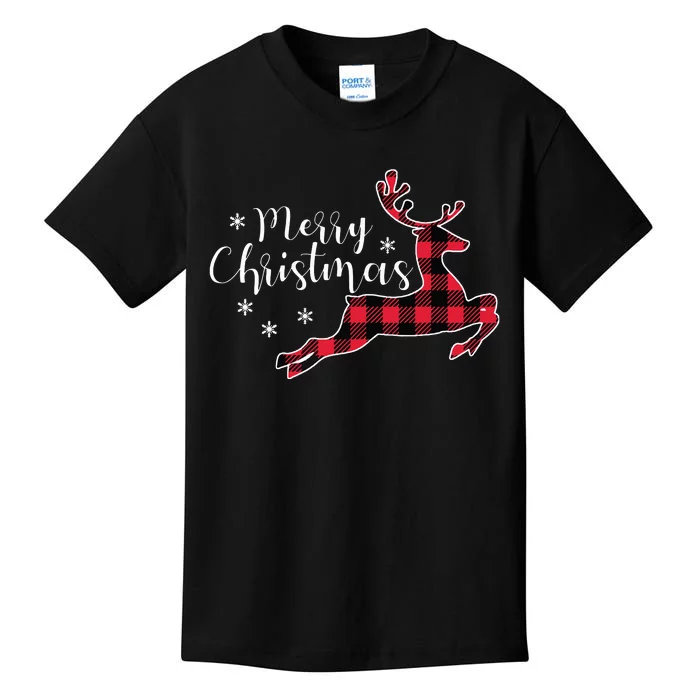 Red Plaid Merry Christmas Letter Reindeer Snowflake Buffalo Kids T-Shirt