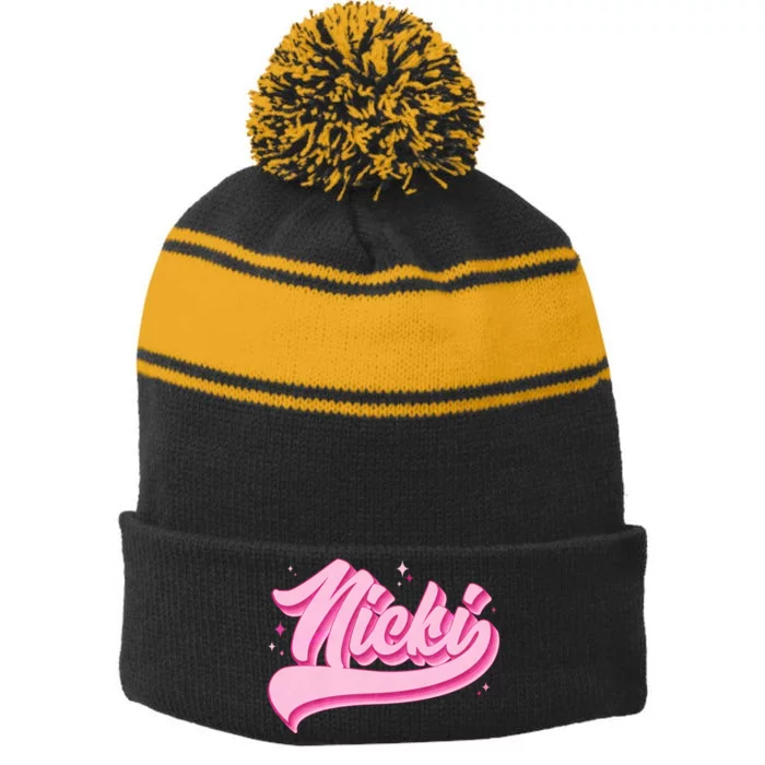 Retro Pink Nicki Stripe Pom Pom Beanie