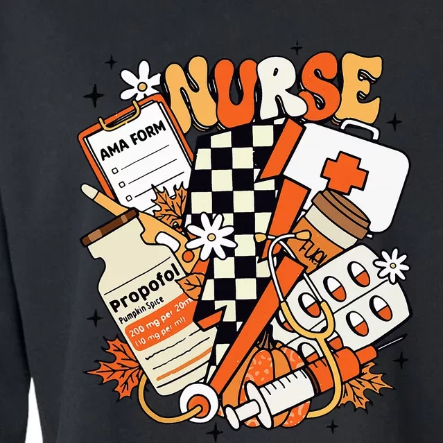 Retro Pumpkin Nurse Life Thanksgiving Fall Autumn Nurse Cropped Pullover Crew