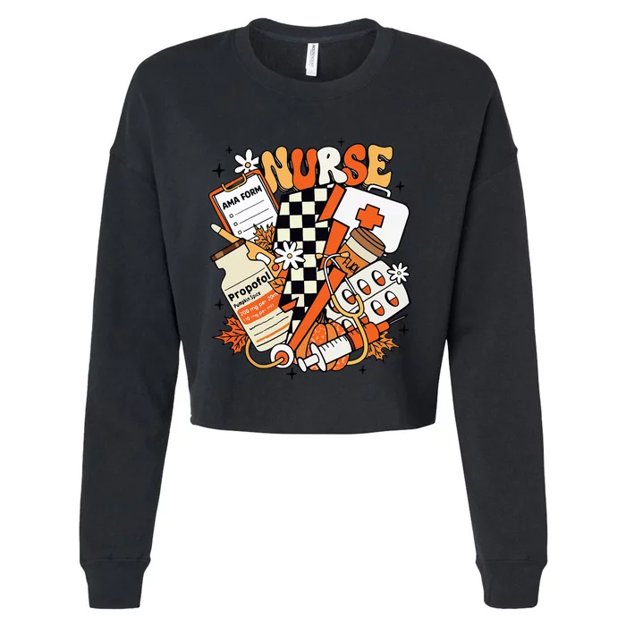 Retro Pumpkin Nurse Life Thanksgiving Fall Autumn Nurse Cropped Pullover Crew