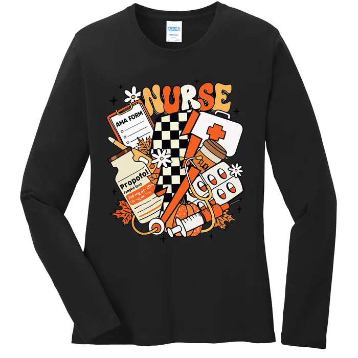 Retro Pumpkin Nurse Life Thanksgiving Fall Autumn Nurse Ladies Long Sleeve Shirt