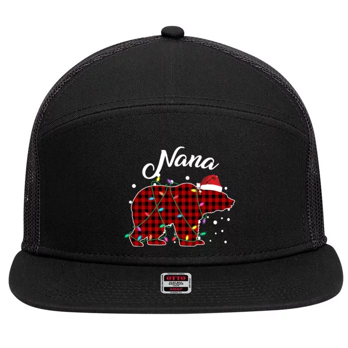 Red Plaid Nana Bear Christmas Lights Funny Santa Hat Gift 7 Panel Mesh Trucker Snapback Hat