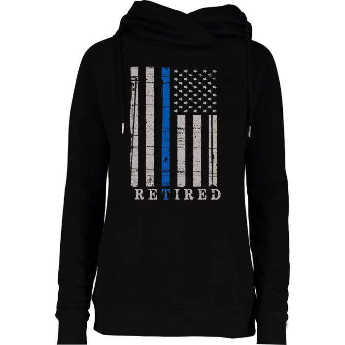 Retired Police Officer  Thin Blue Line Flag Retirement Womens Funnel Neck Pullover Hood