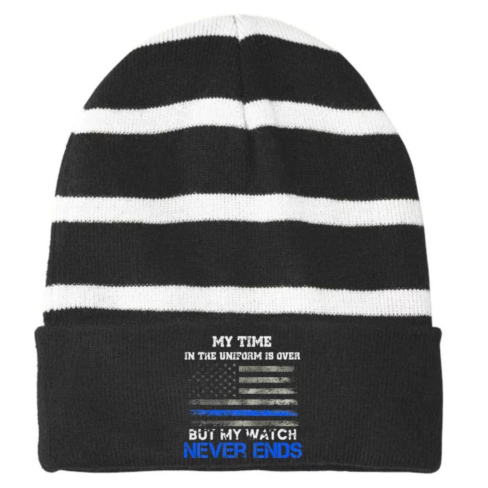 Retired Police Officer US Flag Thin Blue Line Patriotic Striped Beanie with Solid Band