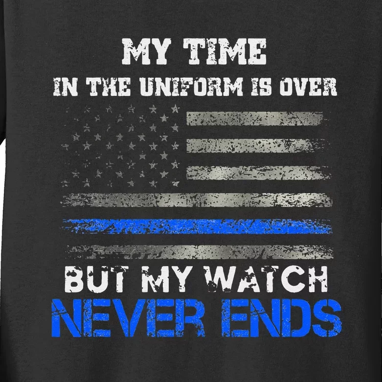 Retired Police Officer US Flag Thin Blue Line Patriotic Kids Long Sleeve Shirt