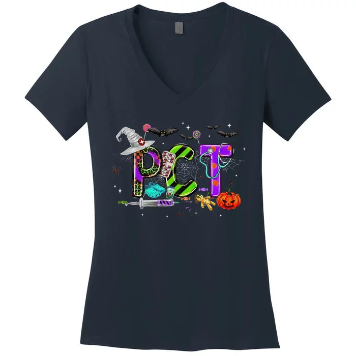 Retro Pct Patient Care Technician Halloween Spooky Season Women's V-Neck T-Shirt