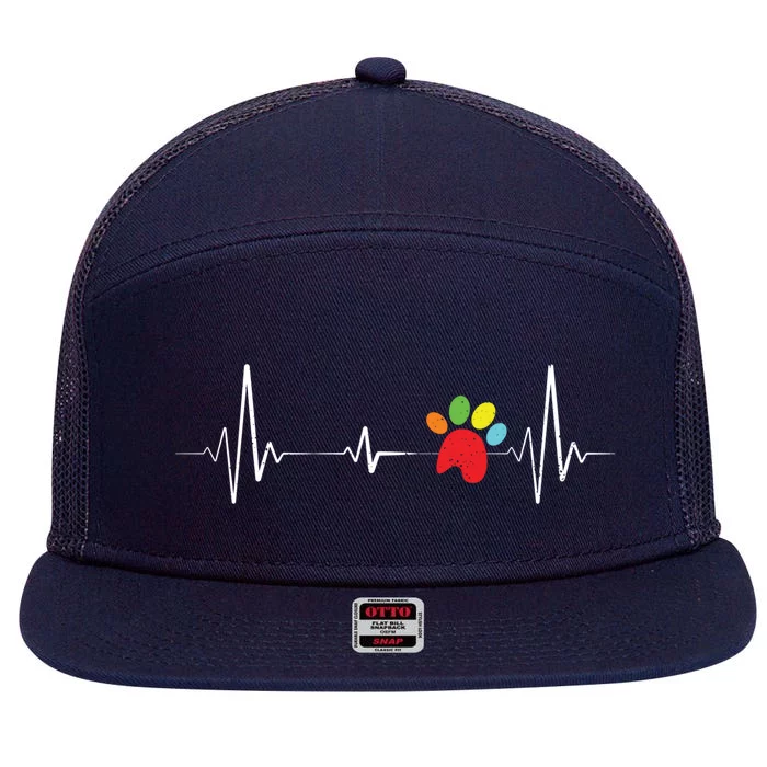 Rainbow Paw Print Heartbeat Vet Tech Cute Veterinarian Gift 7 Panel Mesh Trucker Snapback Hat