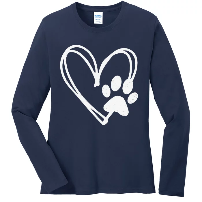 Retro Paw Print Heart Cool Dog Cat Mom Pet Animal Lover Ladies Long Sleeve Shirt