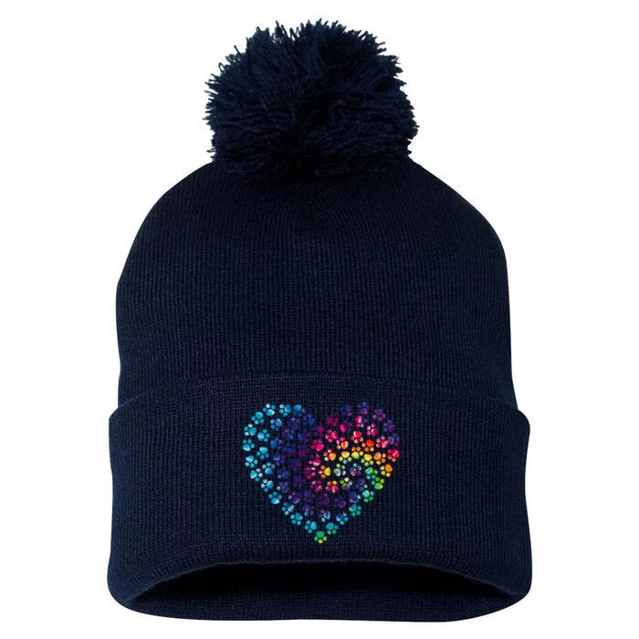 Rainbow Paw Print Heart Dog Lover Pom Pom 12in Knit Beanie