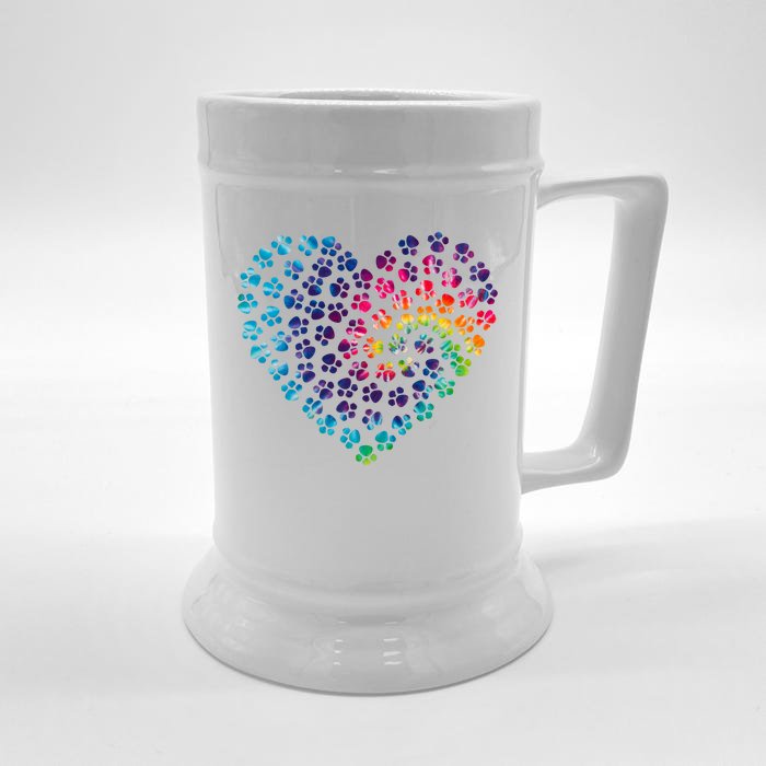 Rainbow Paw Print Heart Dog Lover Front & Back Beer Stein