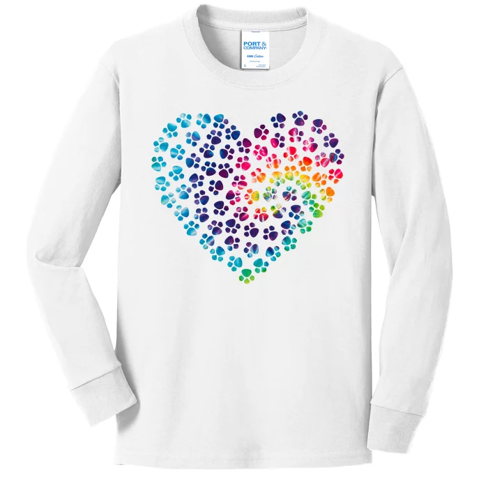 Rainbow Paw Print Heart Dog Lover Kids Long Sleeve Shirt