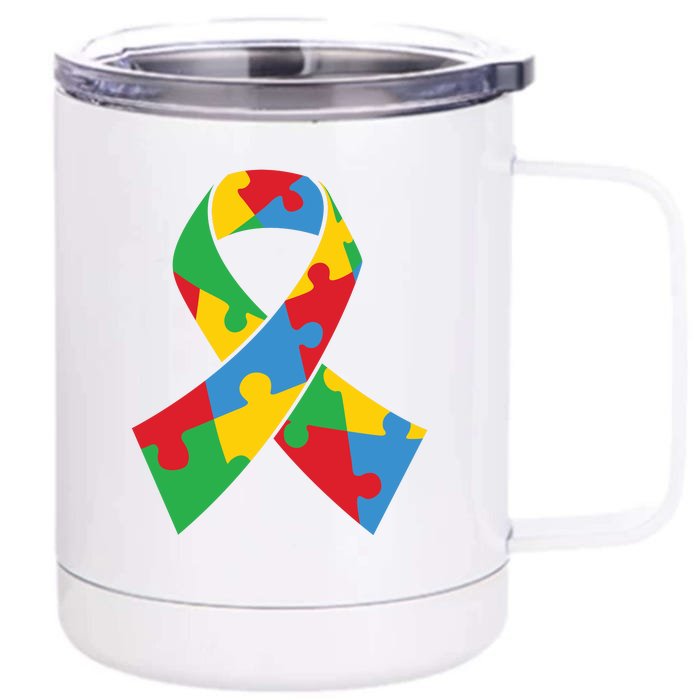 Ribbon Puzzle Piece Autism Awareness Month Gift Front & Back 12oz Stainless Steel Tumbler Cup