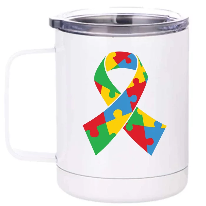 Ribbon Puzzle Piece Autism Awareness Month Gift Front & Back 12oz Stainless Steel Tumbler Cup