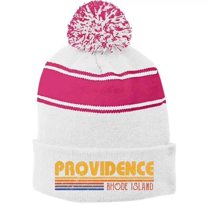 Retro Providence Rhode Island Stripe Pom Pom Beanie